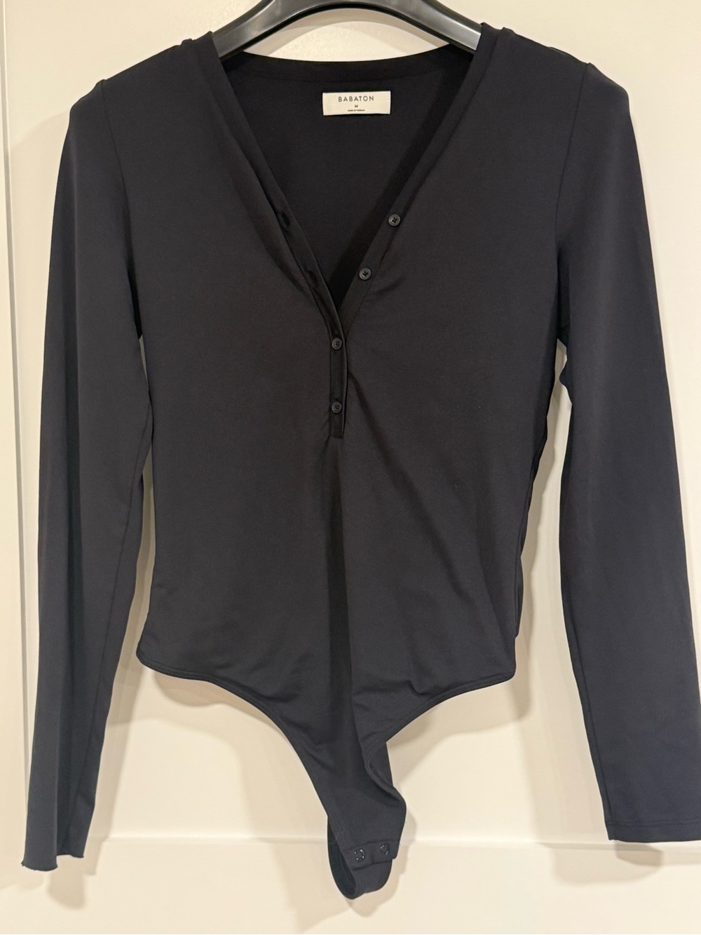 Babaton Black Long-Sleeve V-Neck Button Front Bodysuit